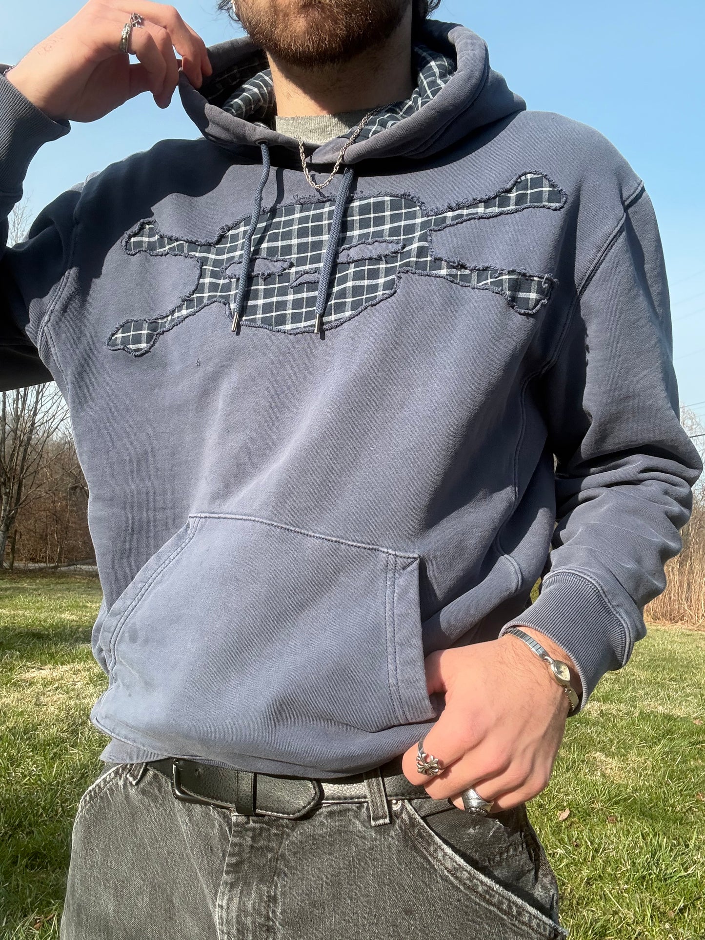 Distressed Blue Plaid Skull Hoodie