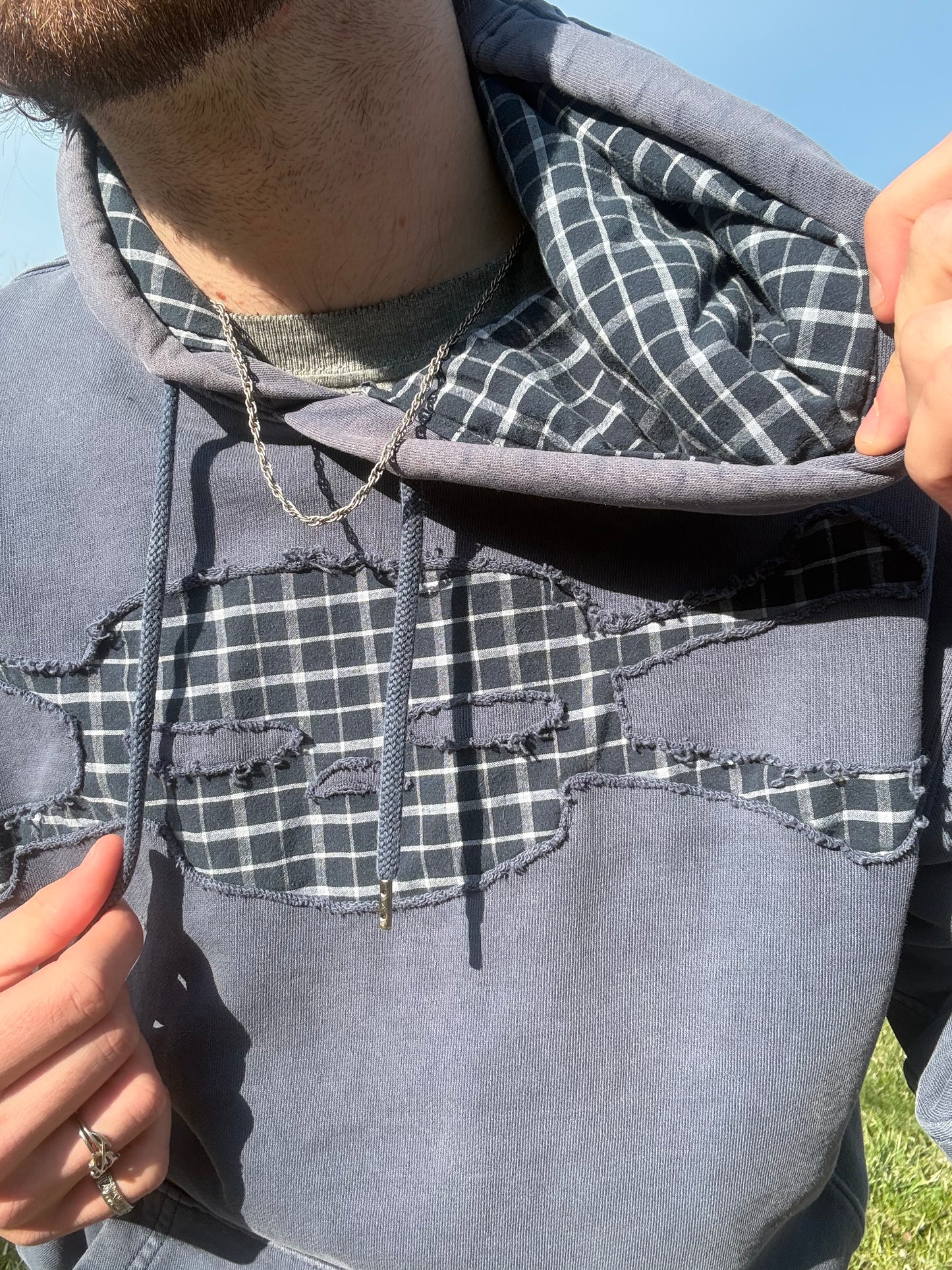 Distressed Blue Plaid Skull Hoodie