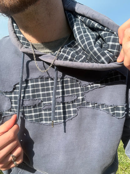 Distressed Blue Plaid Skull Hoodie